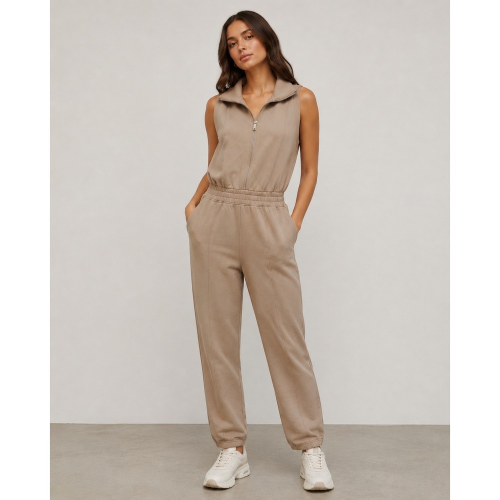 A&f YPB neoKNIT Half Zip Taupe Sleeveless Jumpsuit Size Medium Minimalist Sporty